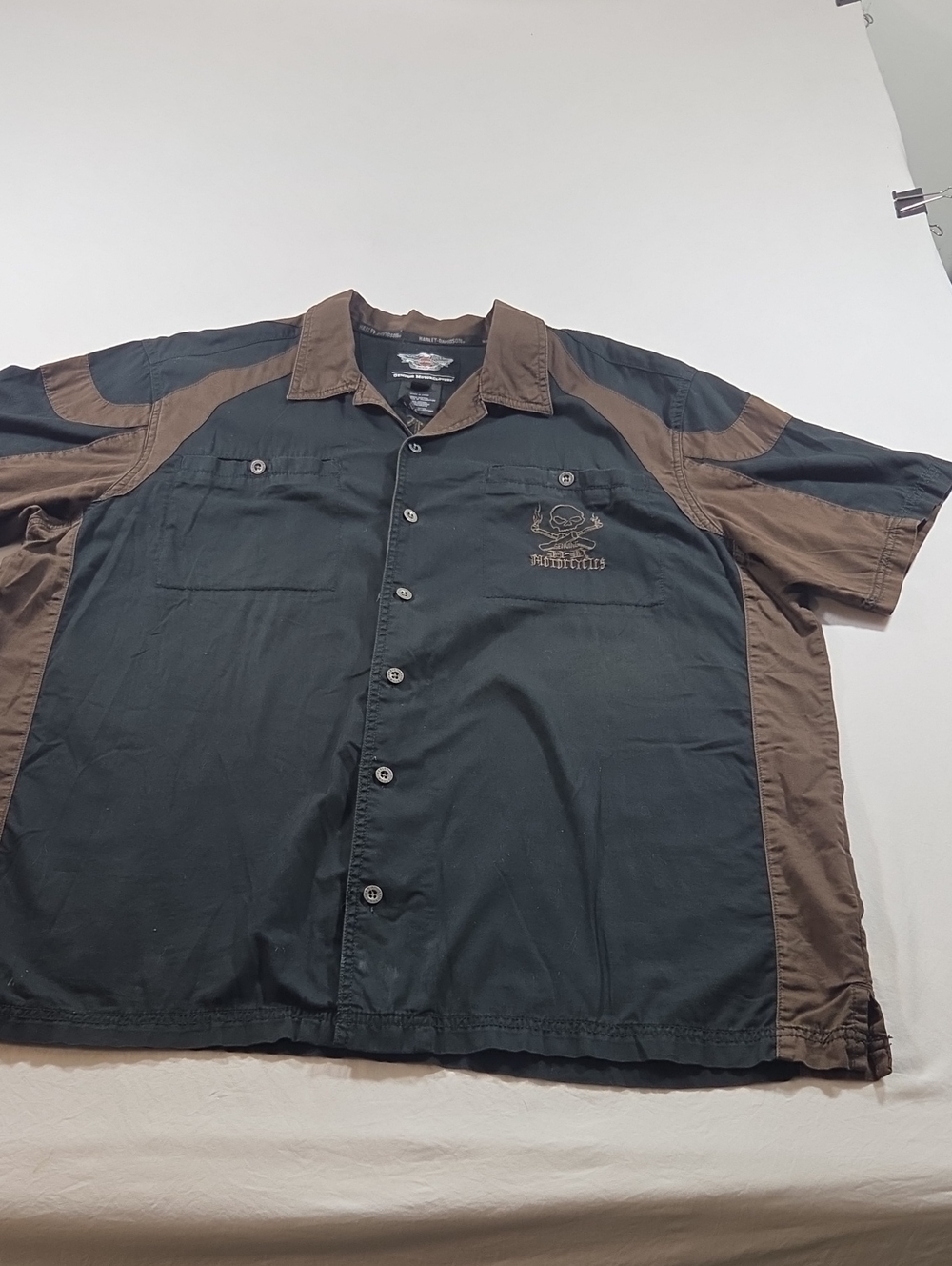 Harley Davidson Two-Tone Button Shirt Jacket Skulls Black Brown Short Sleeve